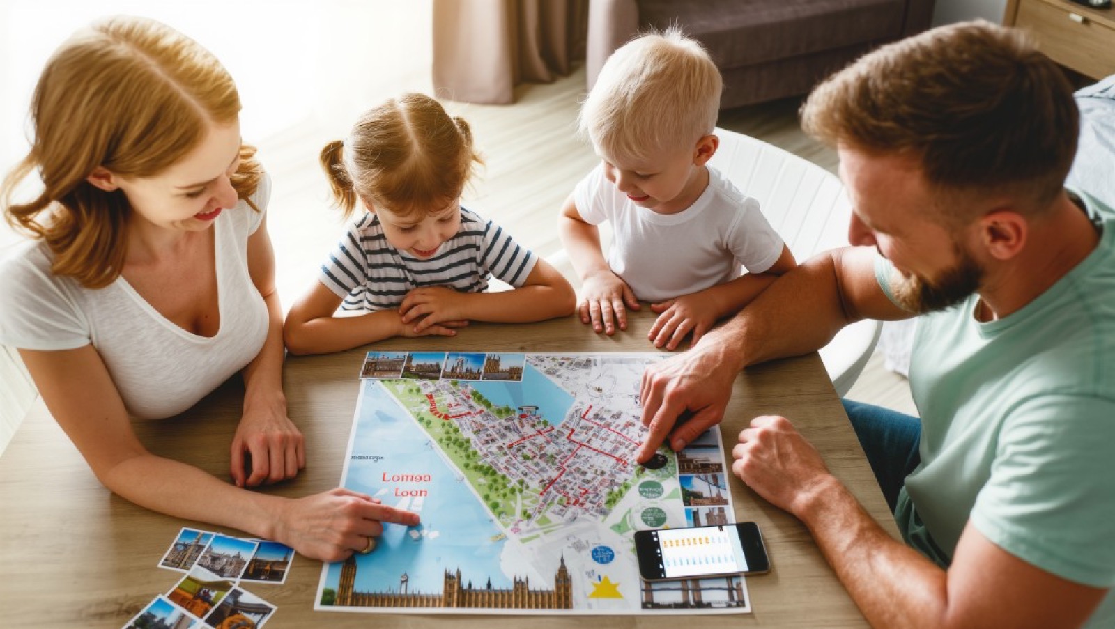 Family planning a London trip together around a map and smartphone at the table