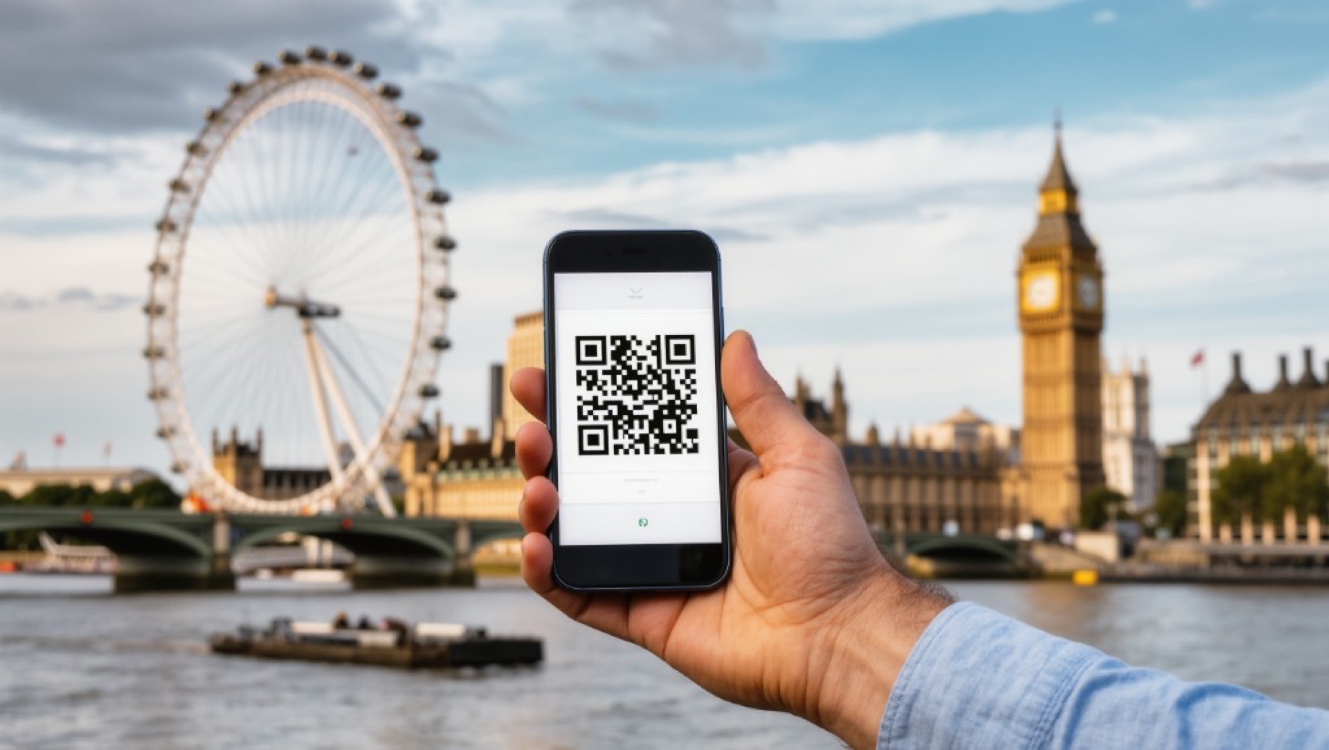 Hand holding a smartphone with a mobile ticket QR code, London Eye and Big Ben in the background