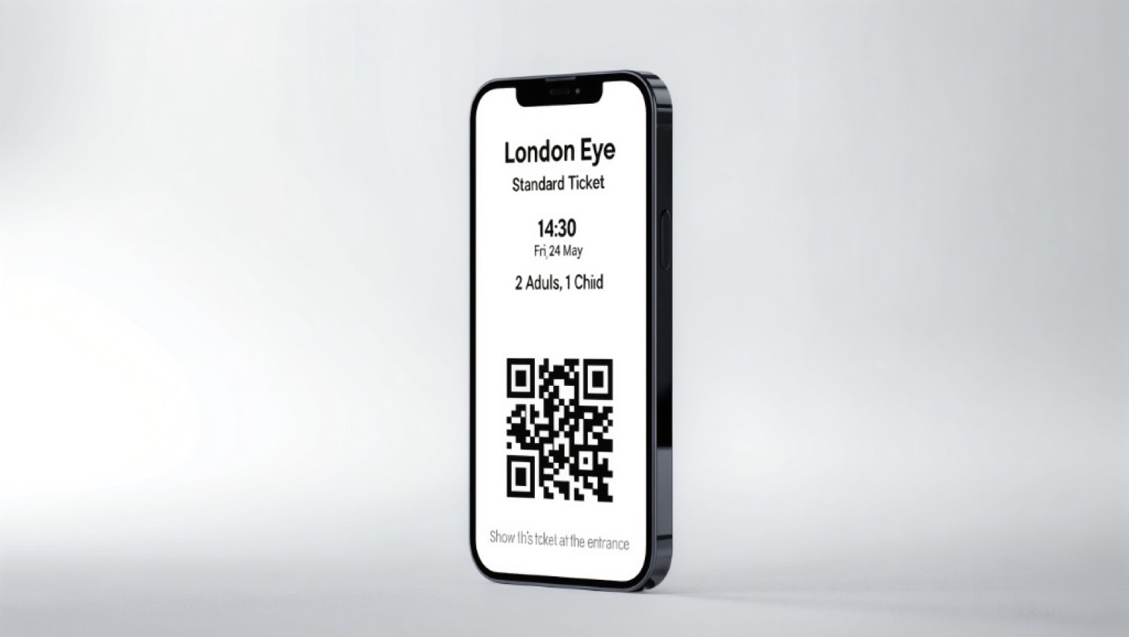 Smartphone showing a London Eye mobile ticket with QR code and timed entry