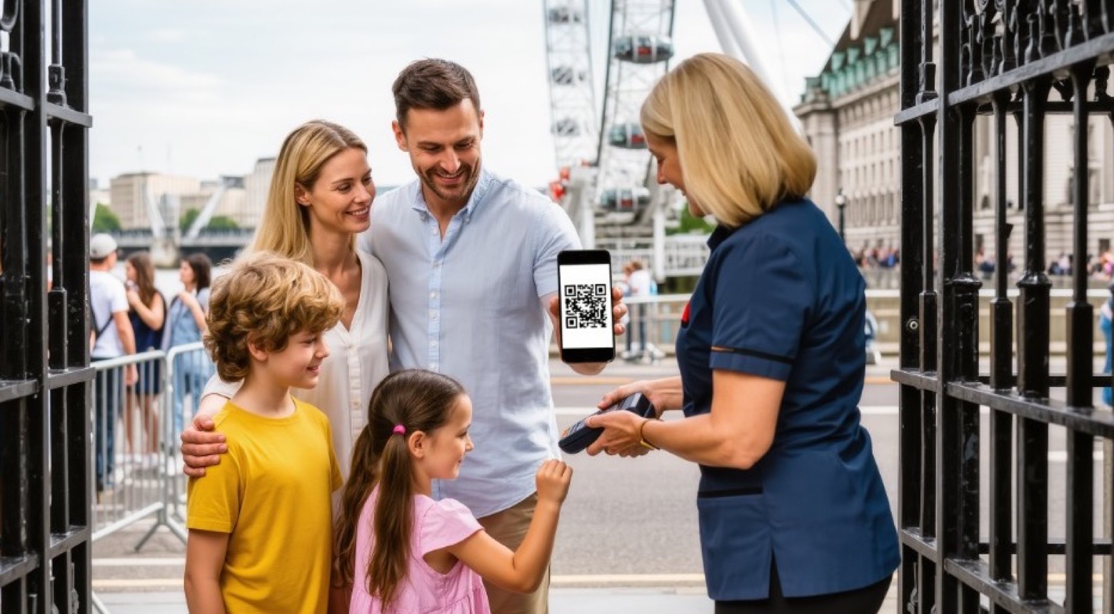 Family showing a mobile ticket QR code at a London attraction entrance