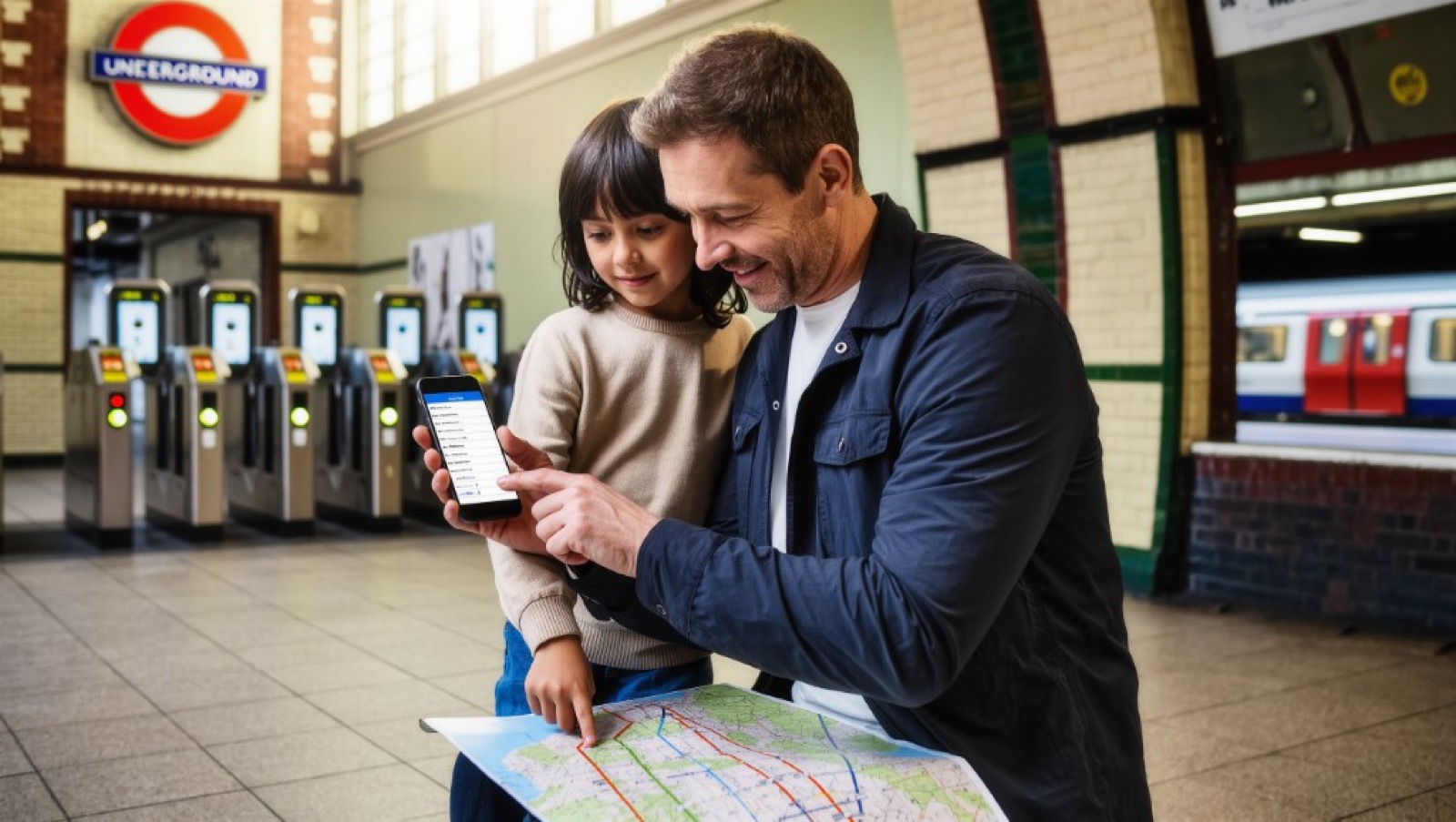 Father and daughter planning a Tube route with a smartphone and map at a London Underground station